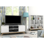 Meuble TV blanc de style Mid-Century avec 2 tiroirs, convient aux téléviseurs jusqu'à 60 pouces