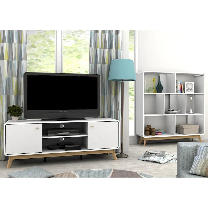 Meuble TV blanc de style Mid-Century avec 2 tiroirs, convient aux téléviseurs jusqu'à 60 pouces