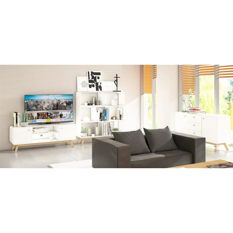 Meuble TV blanc de style Mid-Century avec 2 tiroirs, convient aux téléviseurs jusqu'à 60 pouces