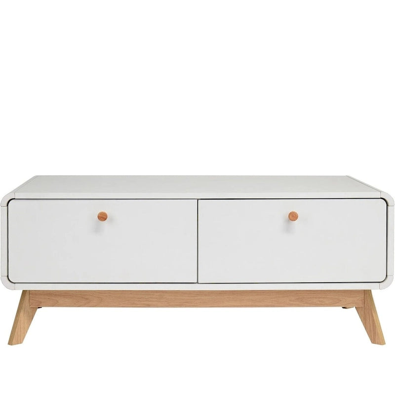 Meuble TV blanc de style Mid-Century avec 2 tiroirs, convient aux téléviseurs jusqu'à 60 pouces