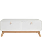 Meuble TV blanc de style Mid-Century avec 2 tiroirs, convient aux téléviseurs jusqu'à 60 pouces