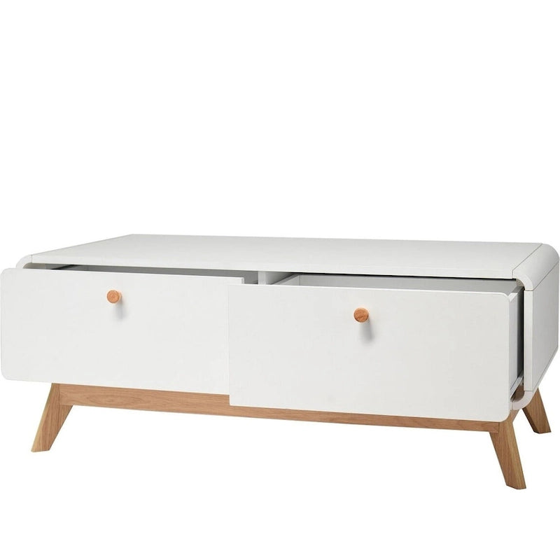 Meuble TV blanc de style Mid-Century avec 2 tiroirs, convient aux téléviseurs jusqu'à 60 pouces