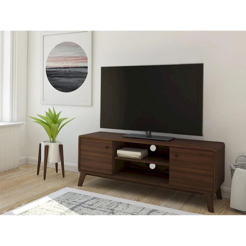 Meuble TV blanc de style Mid-Century avec 2 tiroirs, convient aux téléviseurs jusqu'à 60 pouces