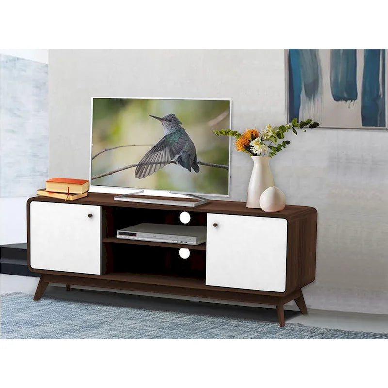Meuble TV blanc de style Mid-Century avec 2 tiroirs, convient aux téléviseurs jusqu'à 60 pouces