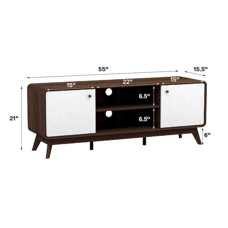 Meuble TV blanc de style Mid-Century avec 2 tiroirs, convient aux téléviseurs jusqu'à 60 pouces