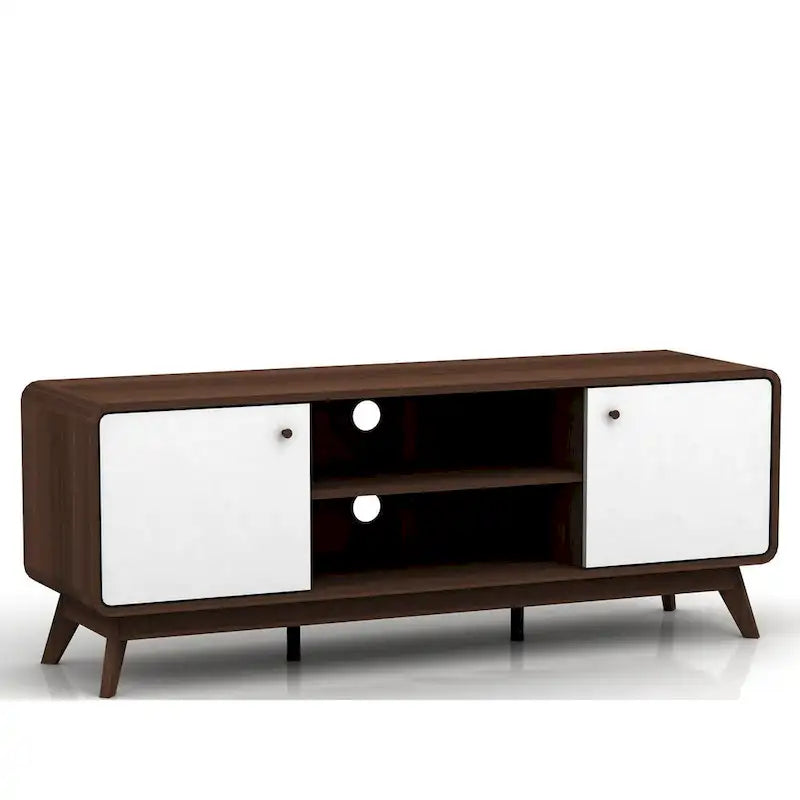Meuble TV blanc de style Mid-Century avec 2 tiroirs, convient aux téléviseurs jusqu'à 60 pouces