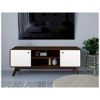 Meuble TV blanc de style Mid-Century avec 2 tiroirs, convient aux téléviseurs jusqu'à 60 pouces