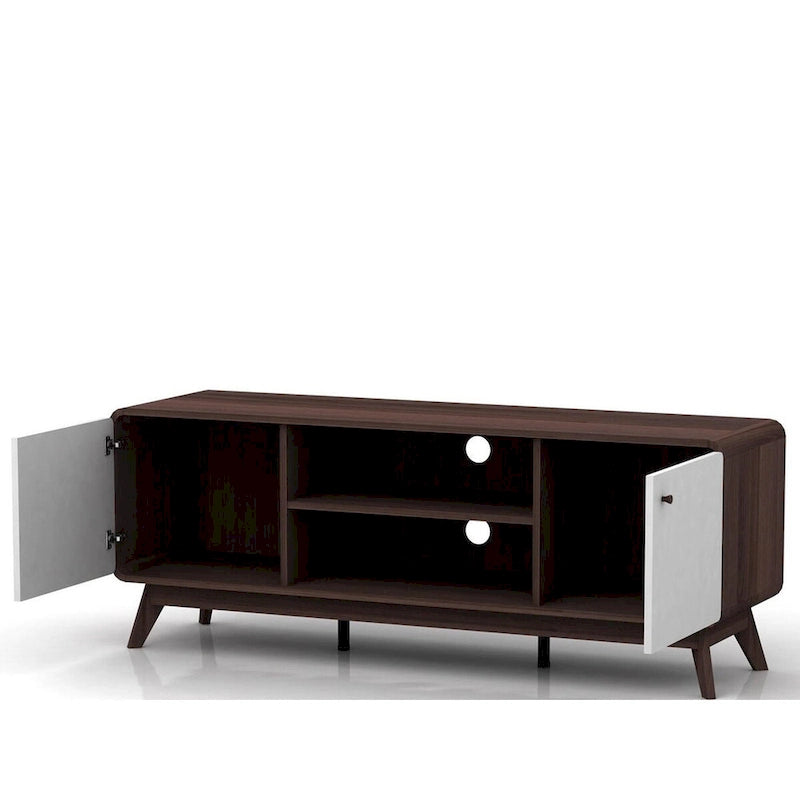 Meuble TV blanc de style Mid-Century avec 2 tiroirs, convient aux téléviseurs jusqu'à 60 pouces