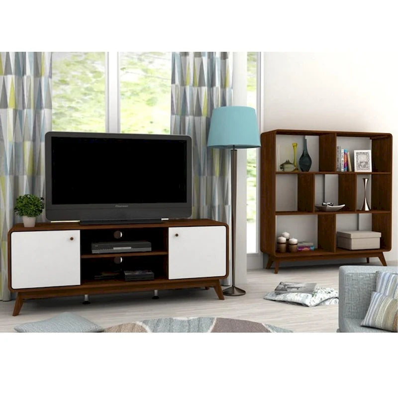 Meuble TV blanc de style Mid-Century avec 2 tiroirs, convient aux téléviseurs jusqu'à 60 pouces