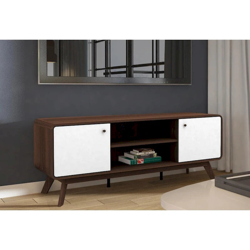 Meuble TV blanc de style Mid-Century avec 2 tiroirs, convient aux téléviseurs jusqu'à 60 pouces