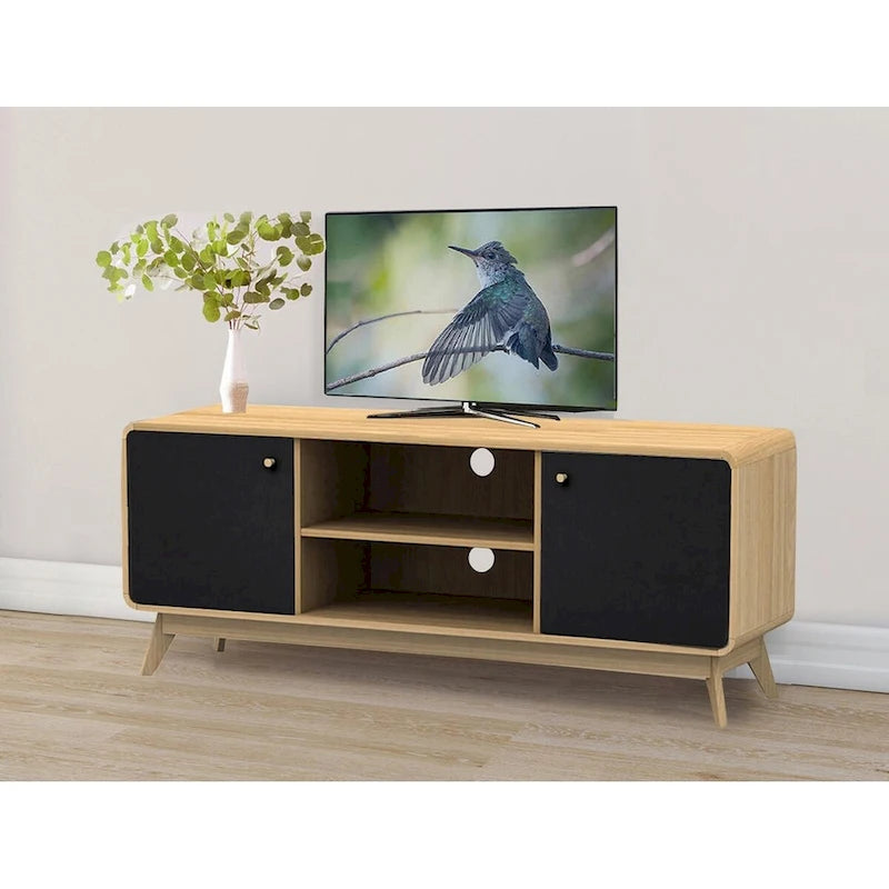 Meuble TV blanc de style Mid-Century avec 2 tiroirs, convient aux téléviseurs jusqu'à 60 pouces