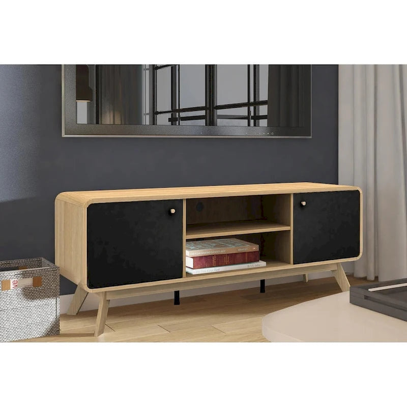 Meuble TV blanc de style Mid-Century avec 2 tiroirs, convient aux téléviseurs jusqu'à 60 pouces