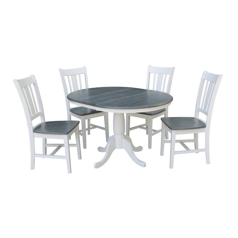 Ensemble table à manger ronde extensible et 4 chaises blanc/gris chiné, 4 places