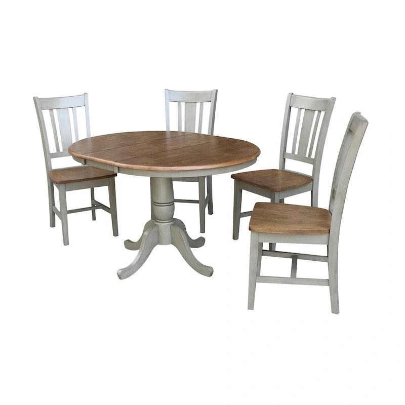 Ensemble table à manger ronde extensible et 4 chaises blanc/gris chiné, 4 places