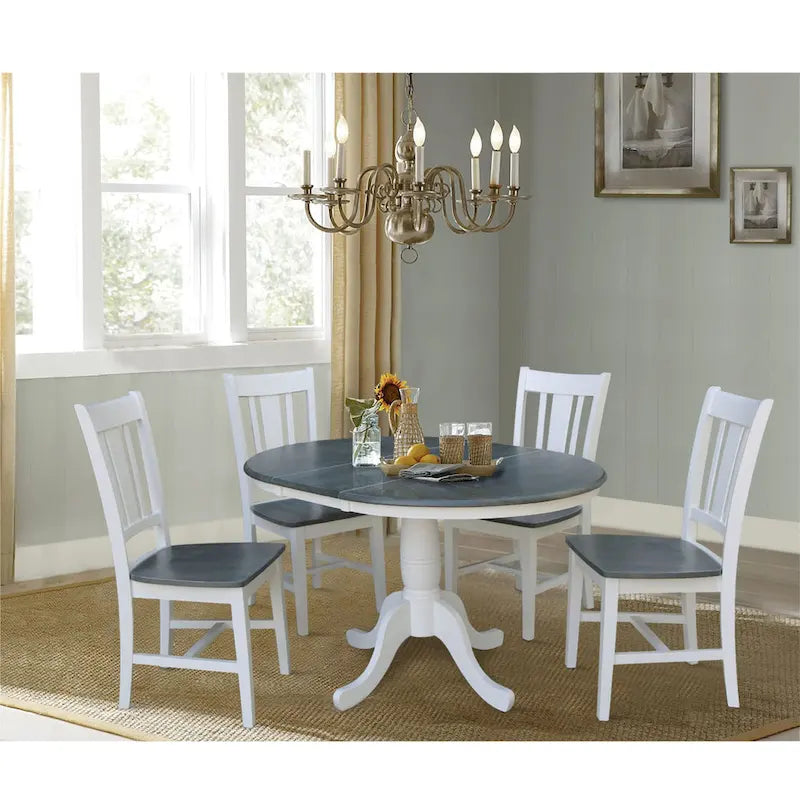 Ensemble table à manger ronde extensible et 4 chaises blanc/gris chiné, 4 places