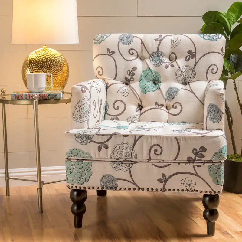 Fauteuil club capitonné floral beige clair et bleu, 1 place
