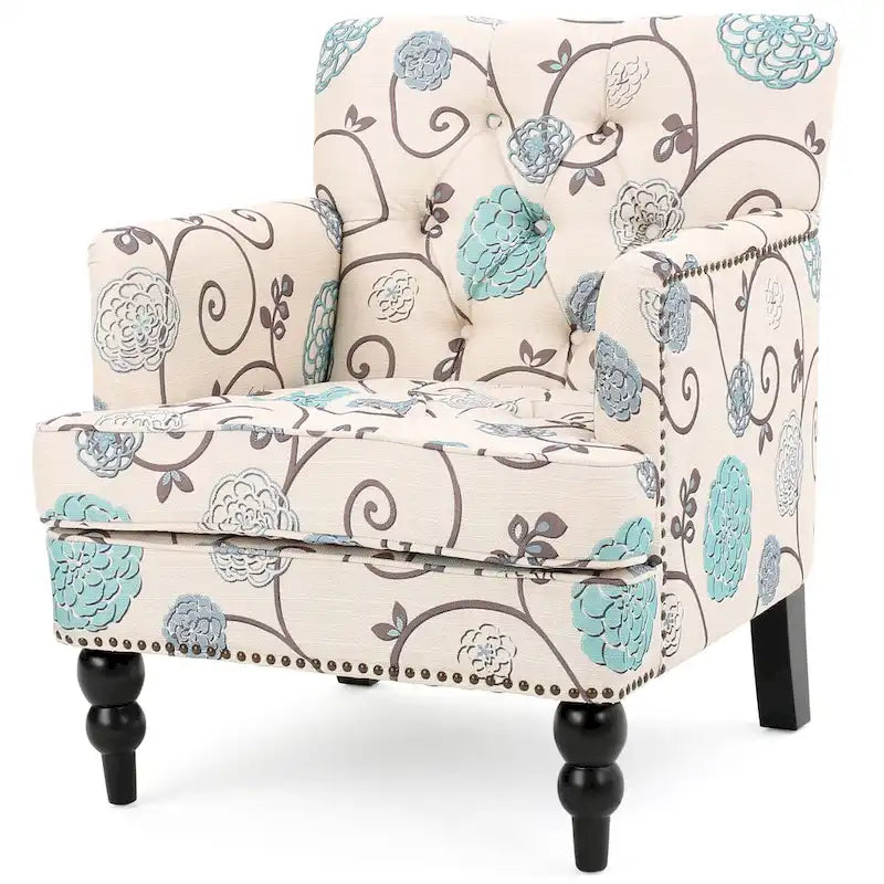 Fauteuil club capitonné floral beige clair et bleu, 1 place