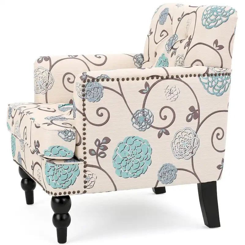 Fauteuil club capitonné floral beige clair et bleu, 1 place