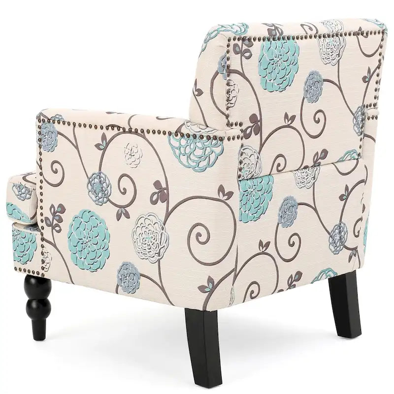 Fauteuil club capitonné floral beige clair et bleu, 1 place