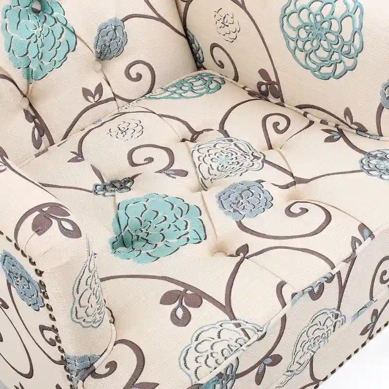 Fauteuil club capitonné floral beige clair et bleu, 1 place