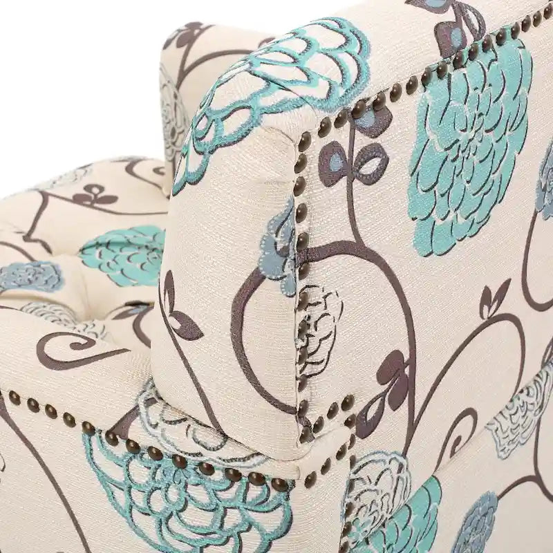 Fauteuil club capitonné floral beige clair et bleu, 1 place