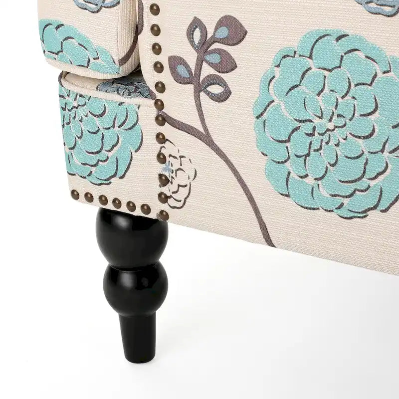 Fauteuil club capitonné floral beige clair et bleu, 1 place