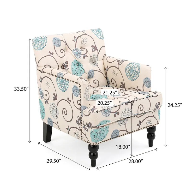 Fauteuil club capitonné floral beige clair et bleu, 1 place