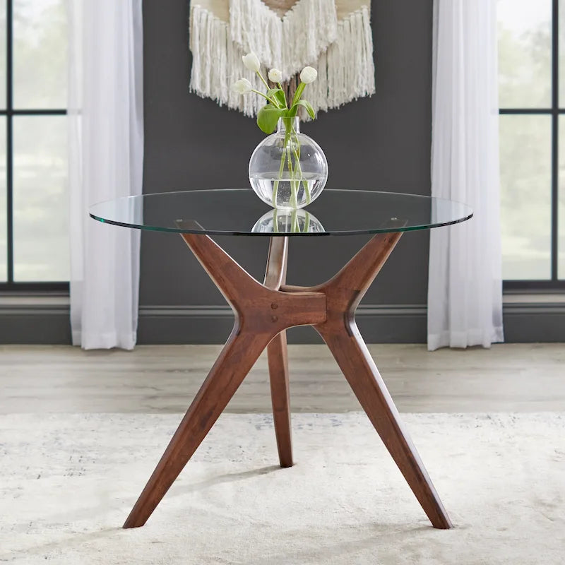Table de salle à manger ronde en verre et noyer, 4 places