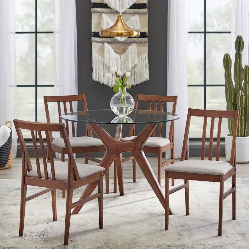 Table de salle à manger ronde en verre et noyer, 4 places