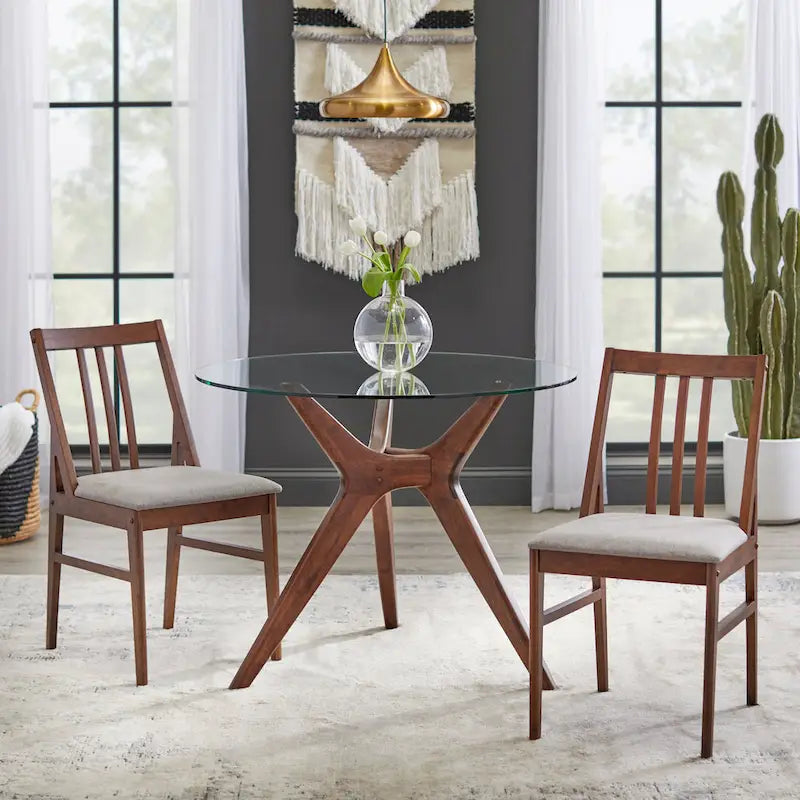 Table de salle à manger ronde en verre et noyer, 4 places