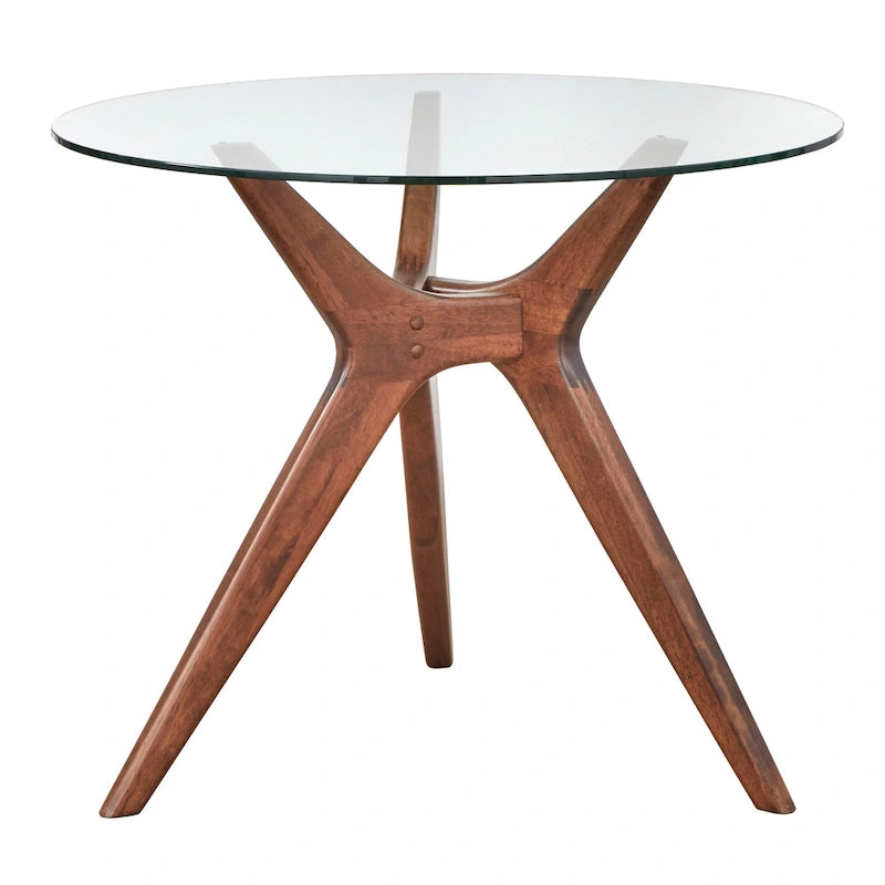 Table de salle à manger ronde en verre et noyer, 4 places
