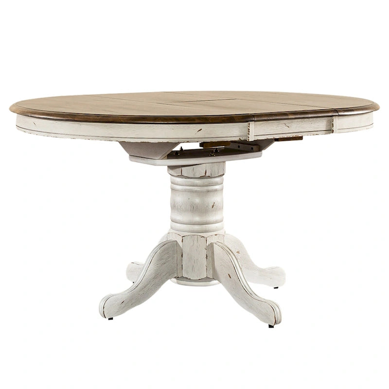 Table de salle à manger à piètement central, ronde à ovale, miel et blanche, 4 à 6 places