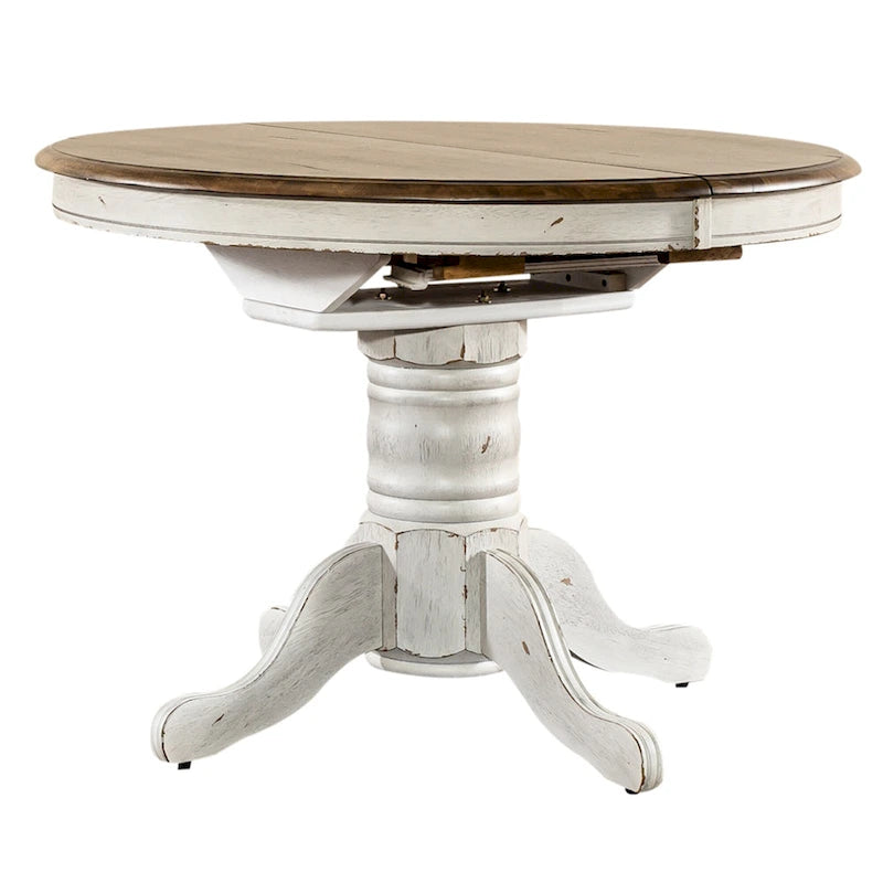 Table de salle à manger à piètement central, ronde à ovale, miel et blanche, 4 à 6 places