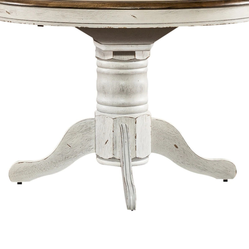 Table de salle à manger à piètement central, ronde à ovale, miel et blanche, 4 à 6 places