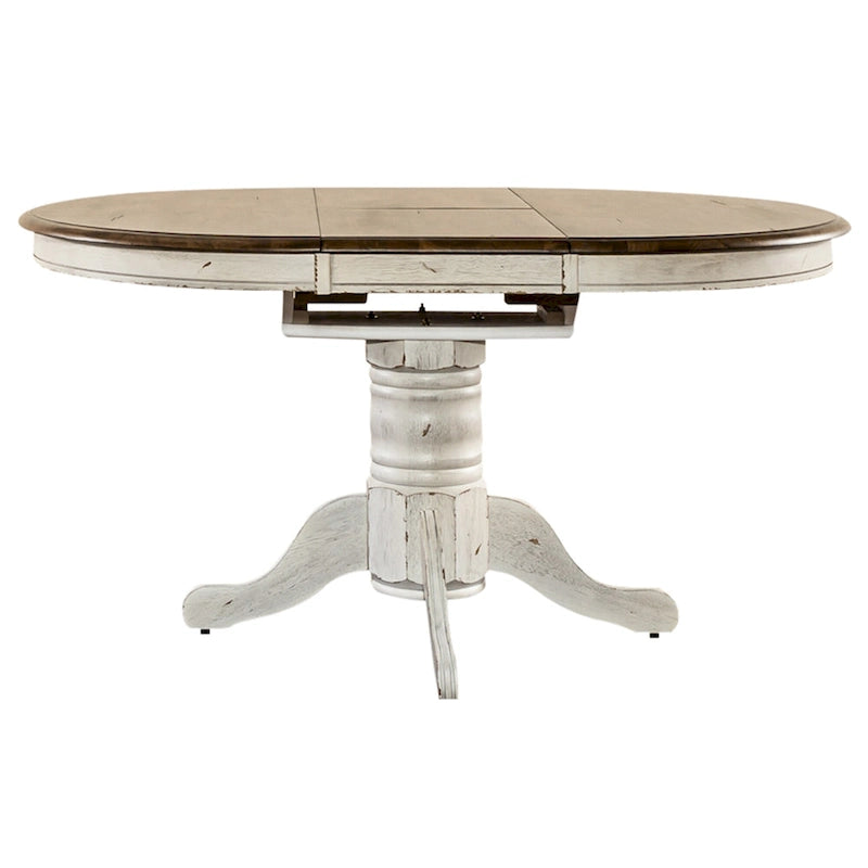 Table de salle à manger à piètement central, ronde à ovale, miel et blanche, 4 à 6 places