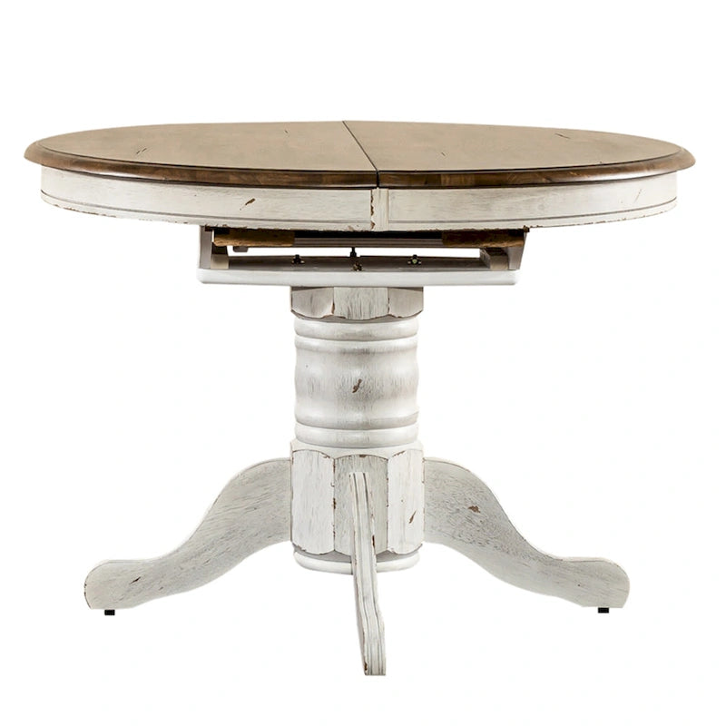 Table de salle à manger à piètement central, ronde à ovale, miel et blanche, 4 à 6 places
