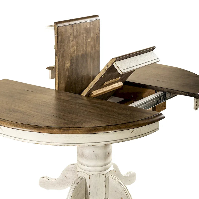 Table de salle à manger à piètement central, ronde à ovale, miel et blanche, 4 à 6 places