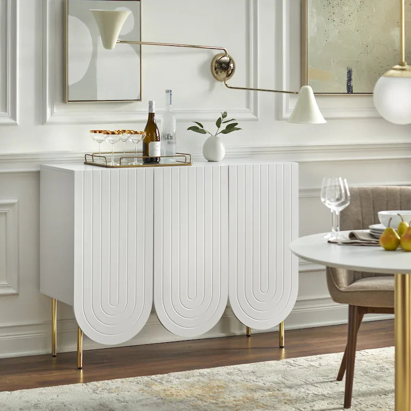 Buffet mi-century festonné 3 portes (blanc/rose/indigo) – Assemblage par 2 personnes