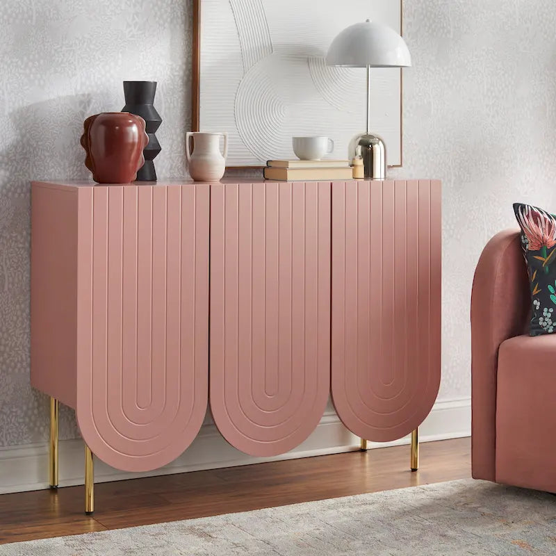 Buffet mi-century festonné 3 portes (blanc/rose/indigo) – Assemblage par 2 personnes