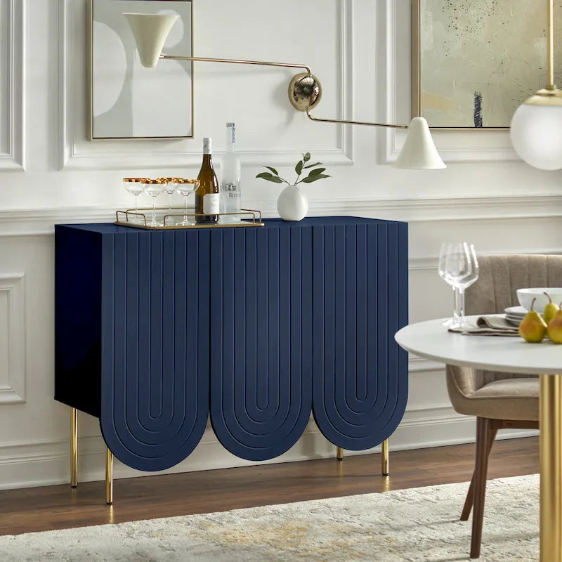 Buffet mi-century festonné 3 portes (blanc/rose/indigo) – Assemblage par 2 personnes