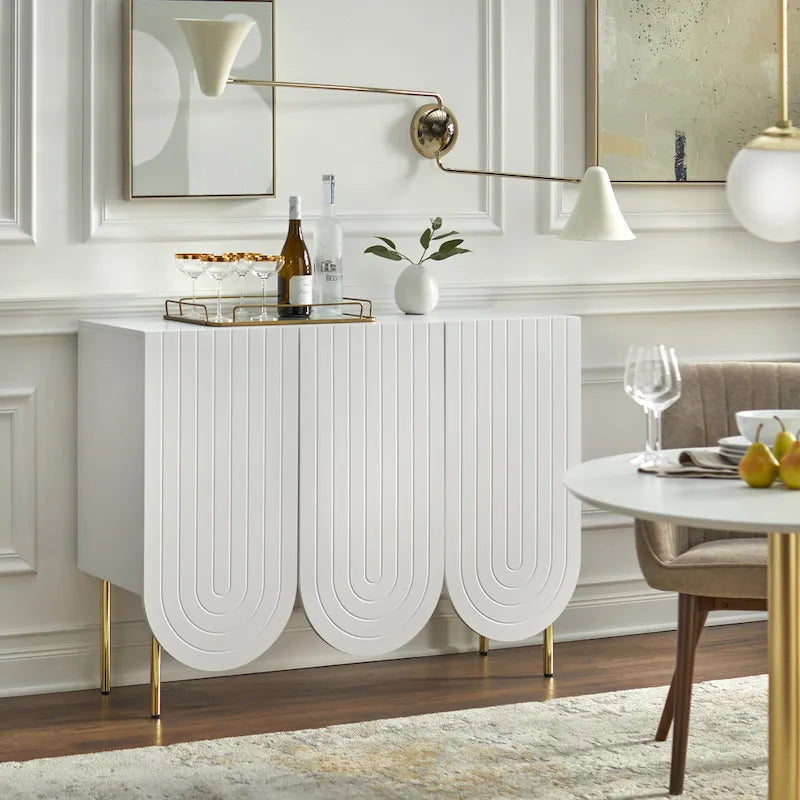 Buffet mi-century festonné 3 portes (blanc/rose/indigo) – Assemblage par 2 personnes