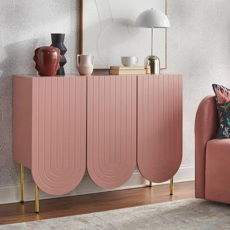 Buffet mi-century festonné 3 portes (blanc/rose/indigo) – Assemblage par 2 personnes