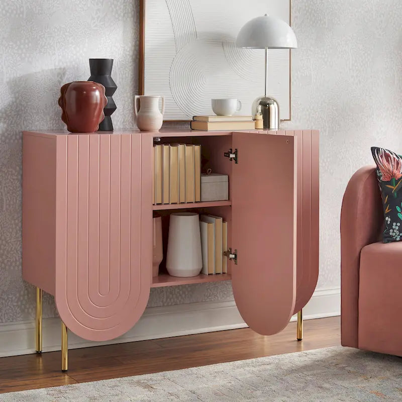 Buffet mi-century festonné 3 portes (blanc/rose/indigo) – Assemblage par 2 personnes