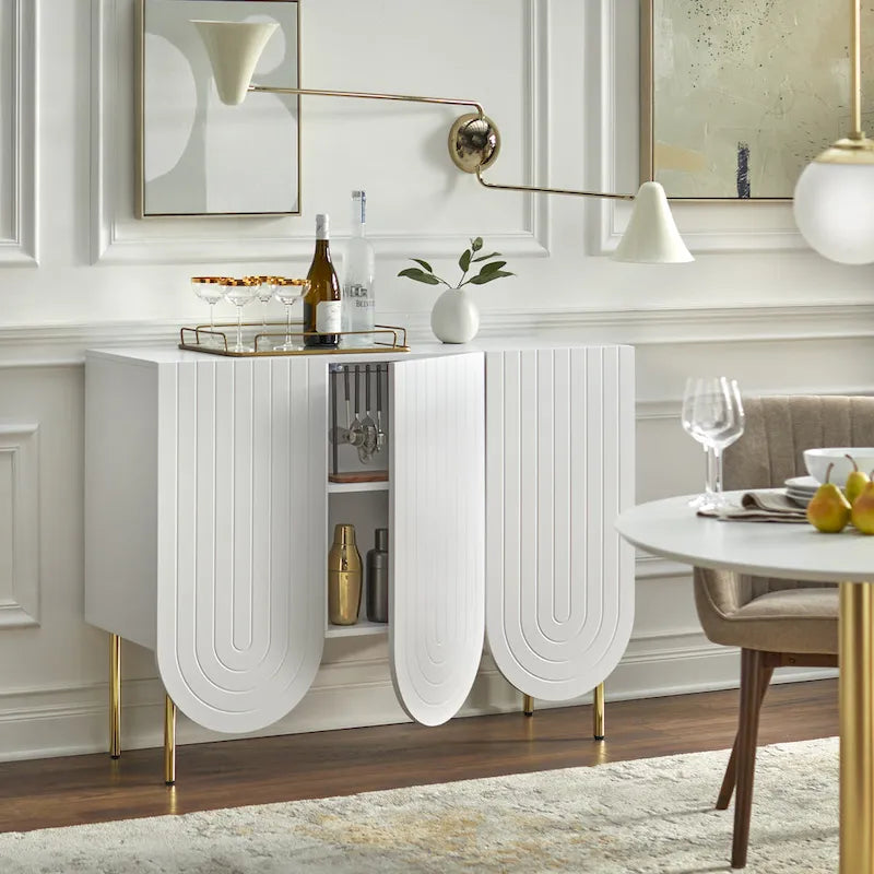 Buffet mi-century festonné 3 portes (blanc/rose/indigo) – Assemblage par 2 personnes