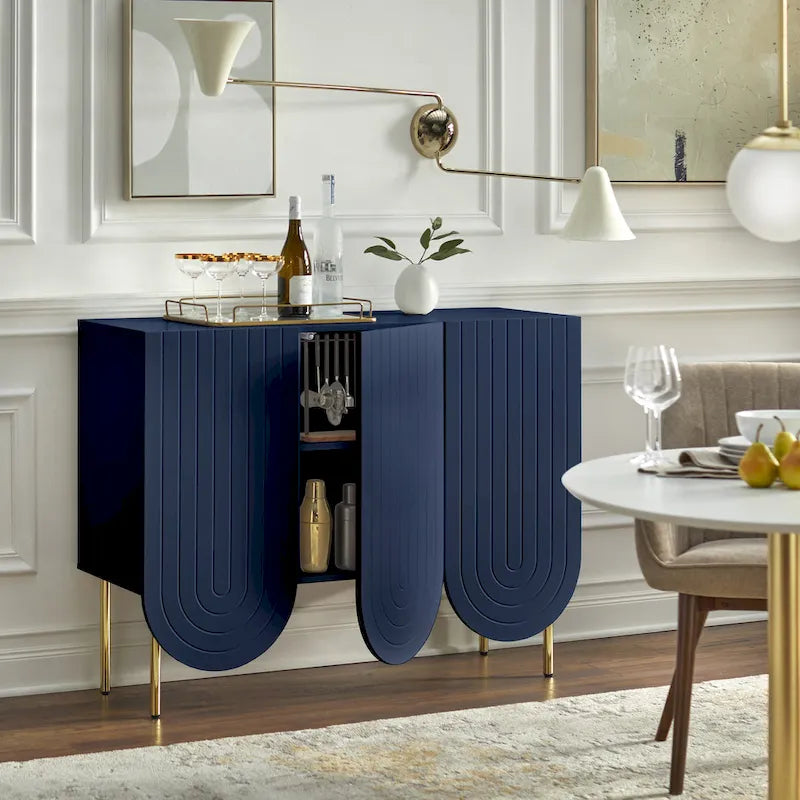 Buffet mi-century festonné 3 portes (blanc/rose/indigo) – Assemblage par 2 personnes