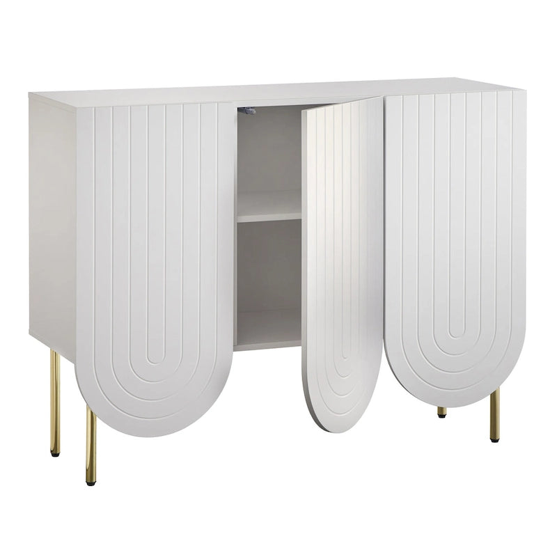Buffet mi-century festonné 3 portes (blanc/rose/indigo) – Assemblage par 2 personnes