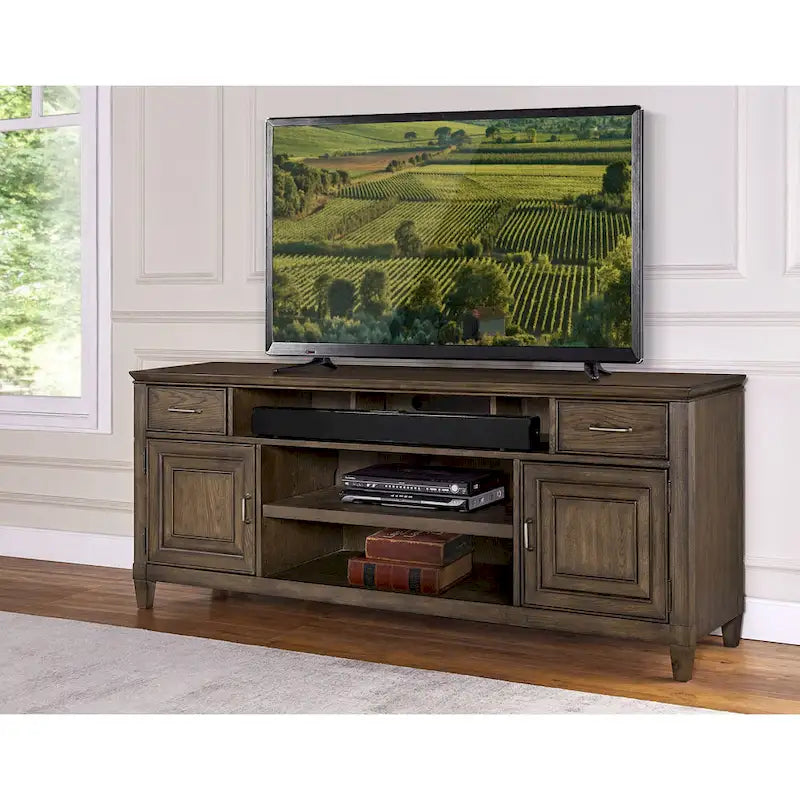 Meuble TV en chêne avec tiroirs et placards
