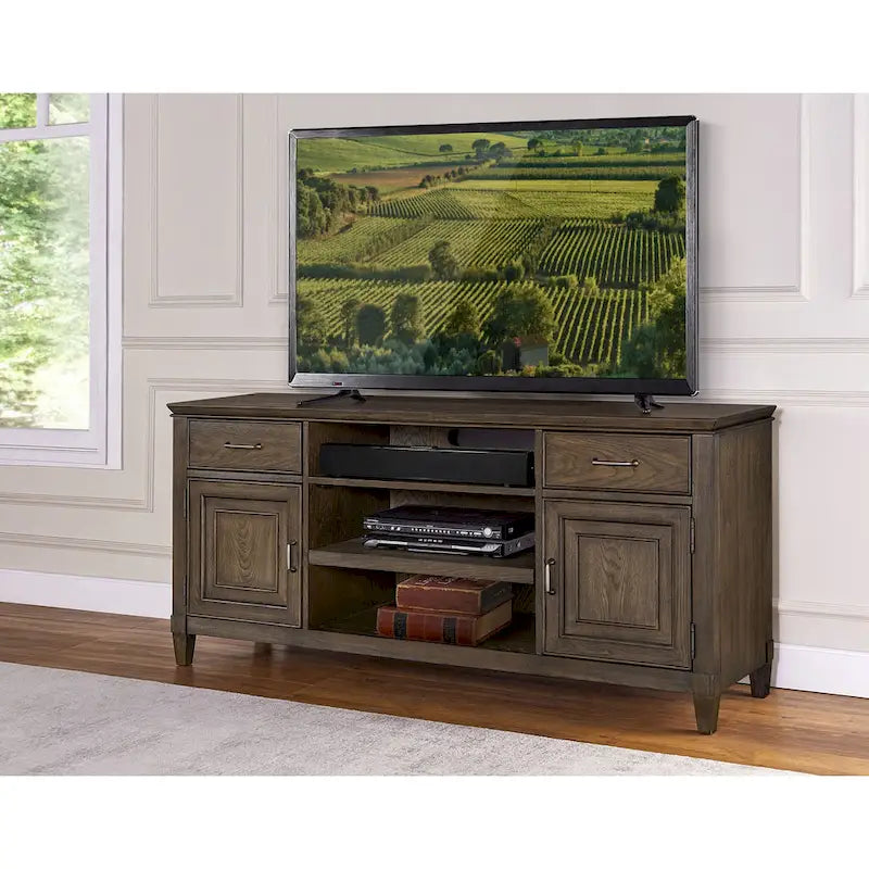 Meuble TV en chêne avec tiroirs et placards