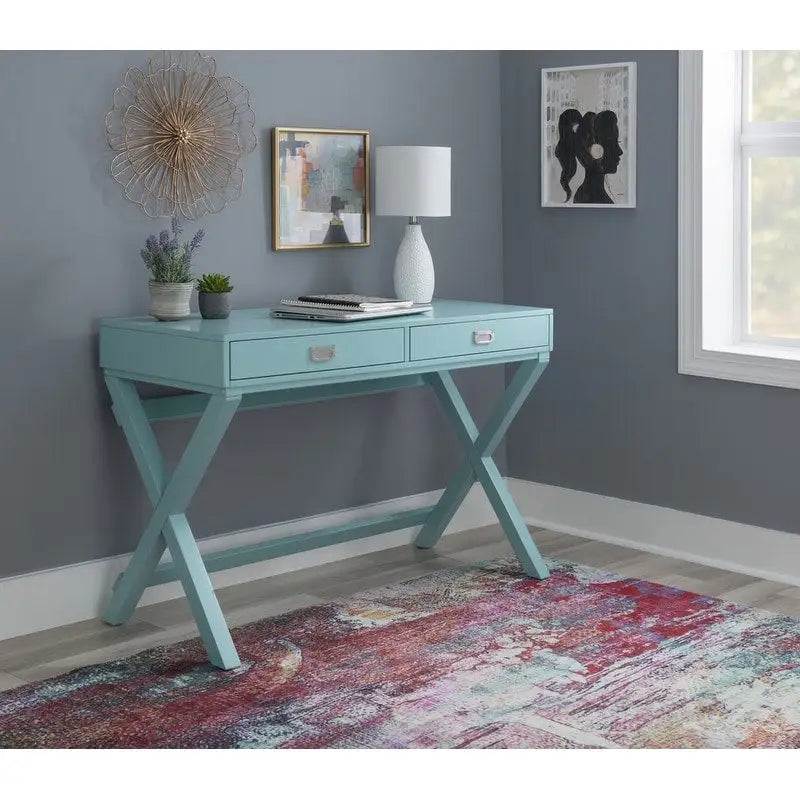 Bureau avec deux tiroirs et piètement en X – Turquoise / Bleu marine / Gris – Pour une personne