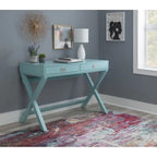 Bureau avec deux tiroirs et piètement en X – Turquoise / Bleu marine / Gris – Pour une personne